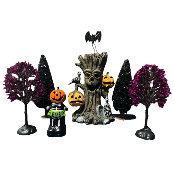 Lot of 6 Ashland Halloween Village Accessories Trees Shrubs Spooky Tree Pumpkin - Picture 1 of 7